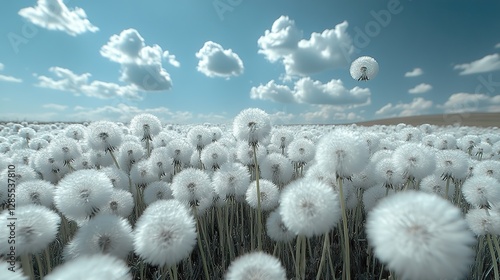 Fototapeta Naklejka Na Ścianę i Meble -  Dandelion seeds float in the wind over a summer meadow with a blue sky background.