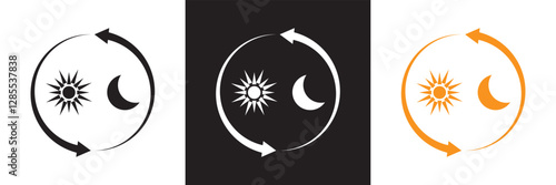 Day And Night Cycle  Icon. Sun And Moon With Arrows Representing Time Transition Glyph Symbol. Daytime And Night time Change.  Isolated on white and black background. Vector illustration. EPS 10