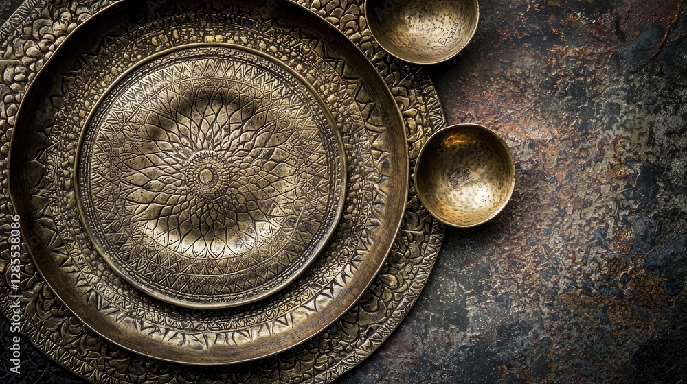 Naklejka premium Ornate Vintage Plates and Bowls on Rustic Textured Surface