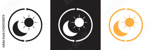 Day And Night Cycle  Icon. Sun And Moon With Arrows Representing Time Transition Glyph Symbol. Daytime And Night time Change.  Isolated on white and black background. Vector illustration. EPS 10