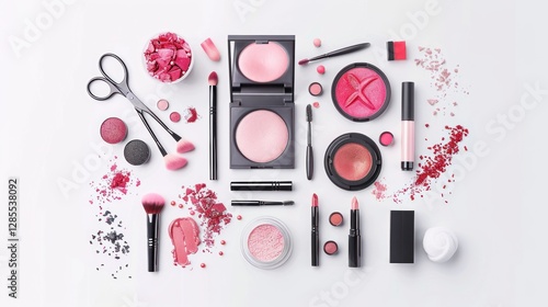 A Flatlay of Pink and Red Makeup Cosmetics and Tools