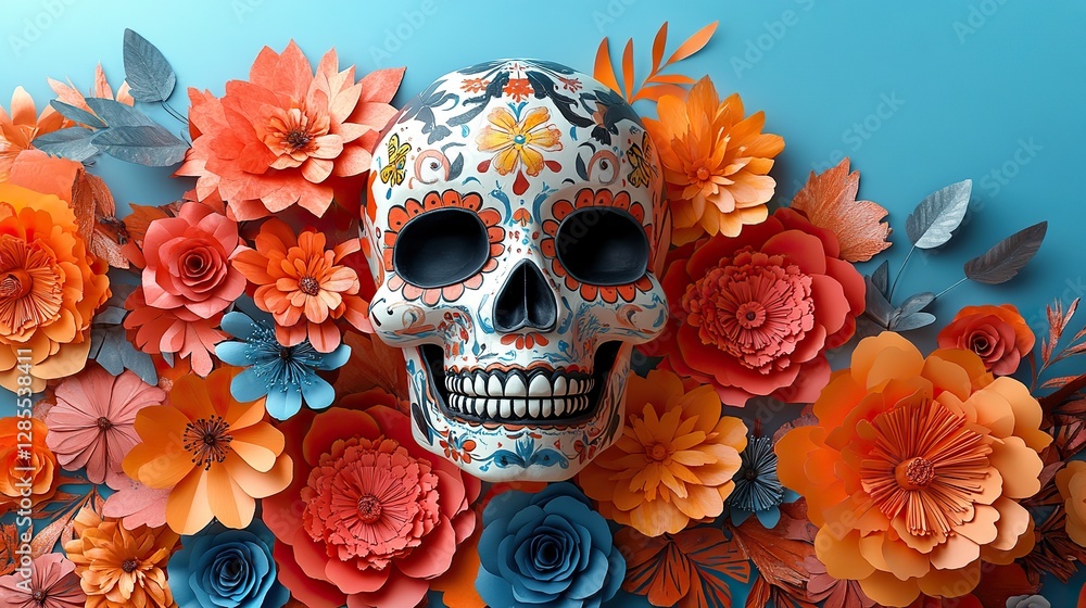Day of the Dead decorations with a skull and colorful paper flowers on a festive background. Day of the Dead decorations with a skull and colorful paper flowers on a festive background.
