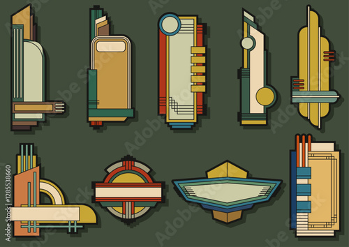 Streamline Moderne and Art Deco Style Signboards, 1920s, 1930s, 1940s, Shapes and Graphic Styles. Retro Signboards Retro Templates for Posters, Covers, Illustrations
