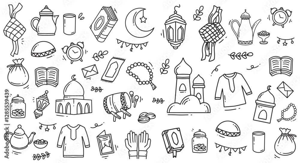 Set of islamic outline icons. Ramadan doodle. Vector illustration Set of islamic outline icons. Ramadan doodle. Vector illustration