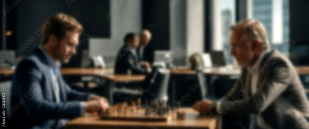 Blurred background of a business lounge as a man contemplates each chess move carefully Blurred background of a business lounge as a man contemplates each chess move carefully