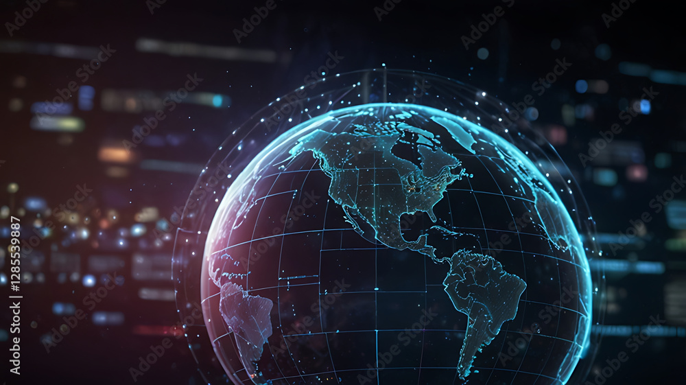 A 3D digital globe displaying North and South America, surrounded by glowing data points and network lines against a dark background.
A 3D digital globe displaying North and South America, surrounded by glowing data points and network lines against a dark background.