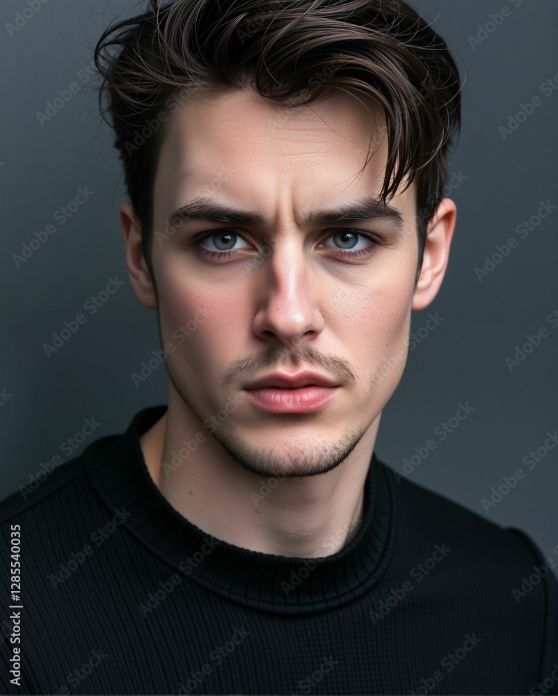 A close-up portrait of a young man with striking blue eyes and stylish hair, exuding a confident and intense expression against a dark background. A close-up portrait of a young man with striking blue eyes and stylish hair, exuding a confident and intense expression against a dark background.