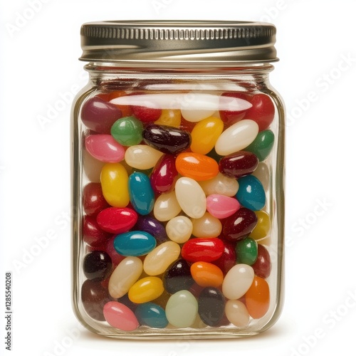Colorful Jelly Beans in a Glass Jar on White Background