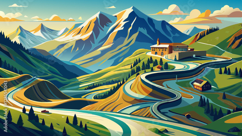 Panoramic Image of Grossglockner Alpine Road. Curvy Winding Road in Alps.