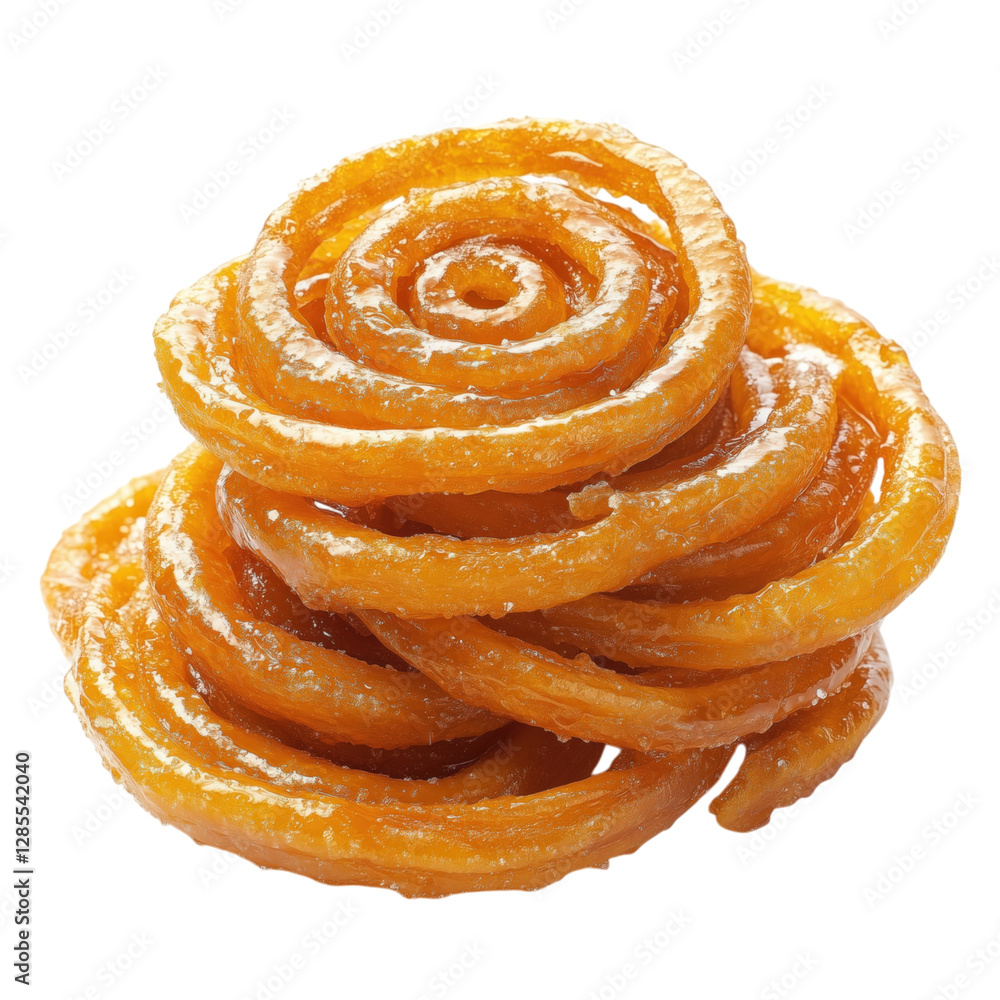 Fototapeta premium Crispy and golden, these traditional Indian Jalebis are deep-fried and soaked in sugar syrup, offering a perfect balance of crunch and sweetness. Ideal for festive celebrations and dessert lovers.