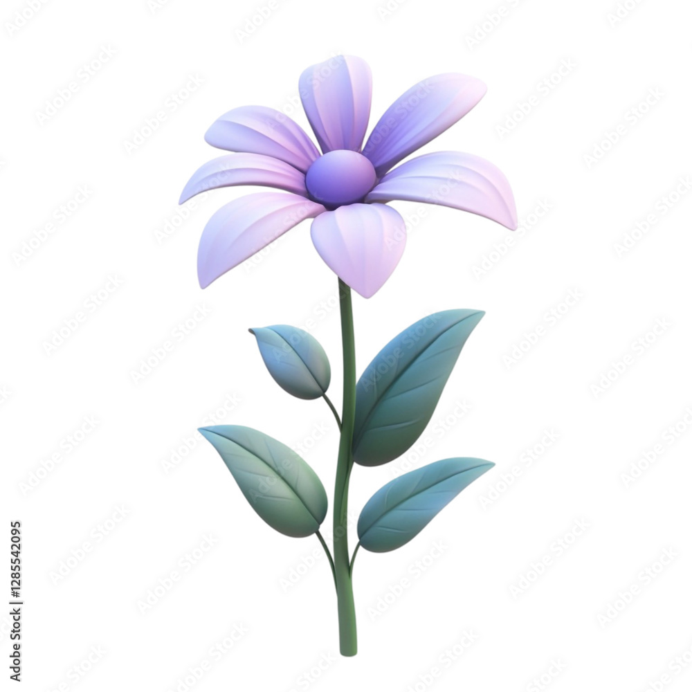 Naklejka premium 3D Render of a Purple Flower with Green Leaves on a White Background,