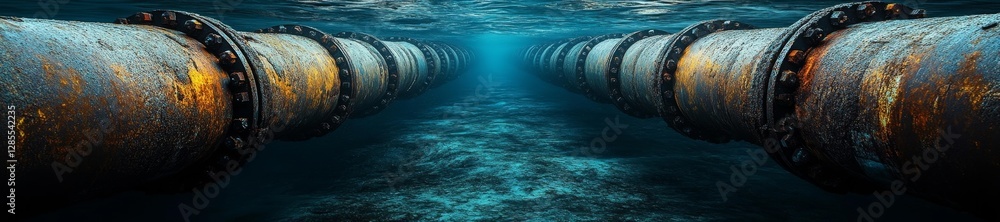Rows of Rusted Industrial Pipes Lying Underwater on Ocean Floor. Generative AI Rows of Rusted Industrial Pipes Lying Underwater on Ocean Floor. Generative AI