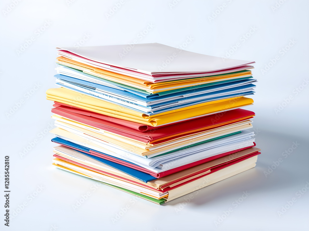 A neatly stacked pile of colorful folders and papers, representing office organization, schoolwork, and documentation. Generative AI A neatly stacked pile of colorful folders and papers, representing office organization, schoolwork, and documentation. Generative AI