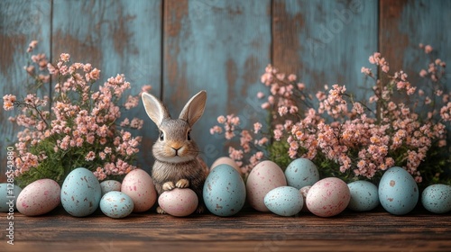 Easter Bunny with Colorful Eggs and Pink Flowers. Generative AI photo