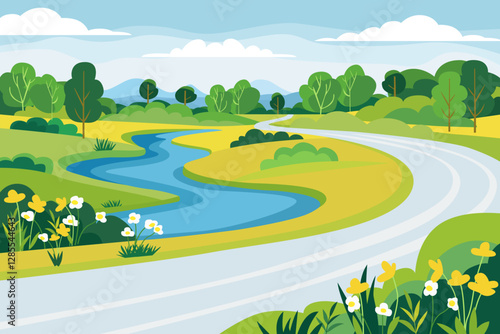 Road along the river, rural landscape. Asphalt road through the countryside with a river, forest, flowers and mountains. Road trip out of town. Vector illustration for design.