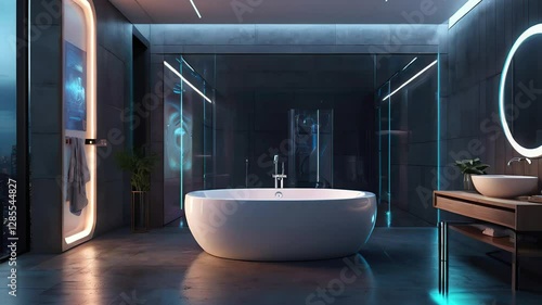Futuristic smart bathroom with holographic displays, touchless fixtures, and sleek modern decor, cinematic 3D render