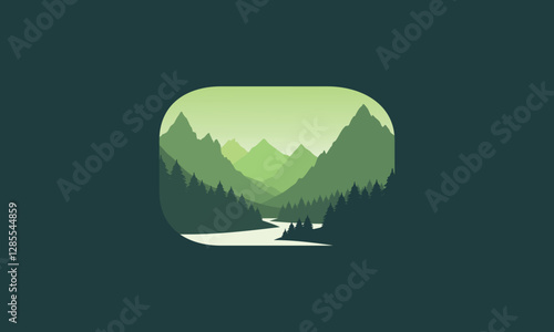 Landscape badge flat vector design illustration of mountains, calm river and silhouettes of pine trees, soft green gradations layered