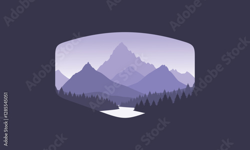 Landscape badge flat vector design illustration of mountains, calm river and silhouettes of pine trees, soft purple gradations layered