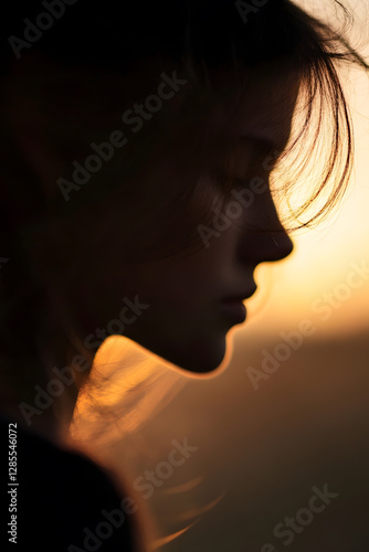 Artistic silhouette of woman at sunset capturing serenity and introspection : Generative AI