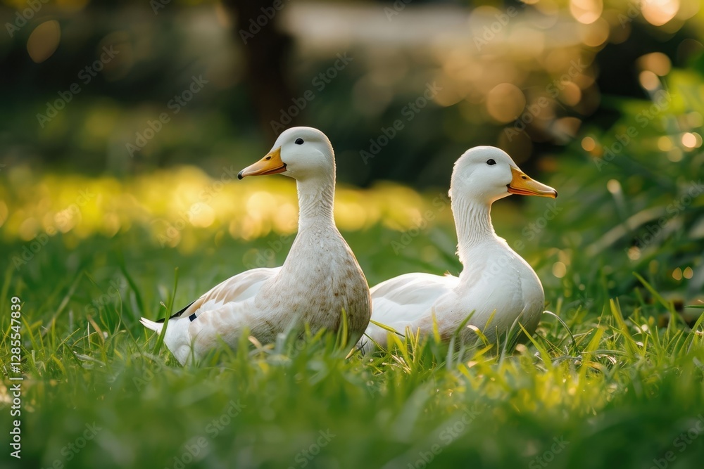 Vibrant Color Picture of White Ducks on Green Grass Vibrant Color Picture of White Ducks on Green Grass