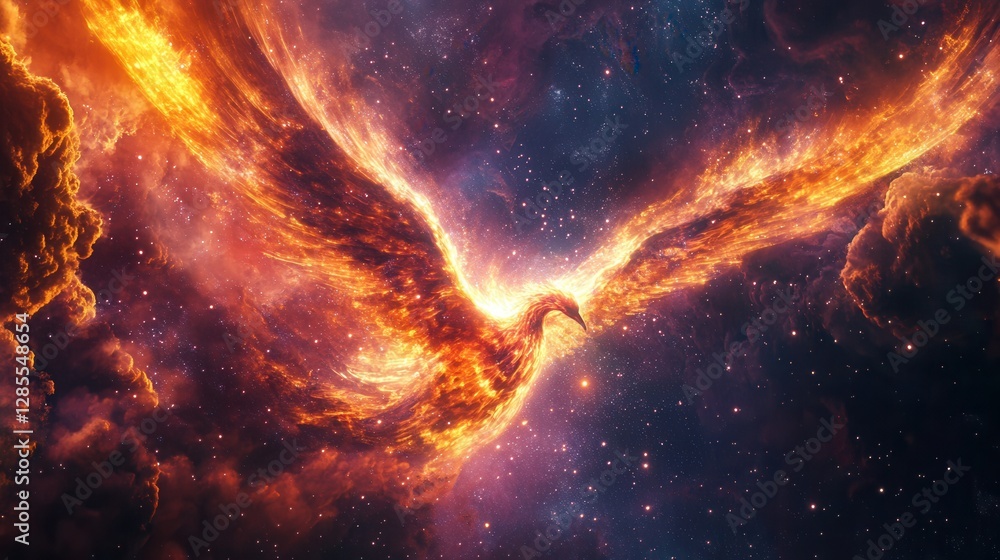 Fototapeta premium Majestic Phoenix Rising from the Stars in a Colorful Galactic Space Scene