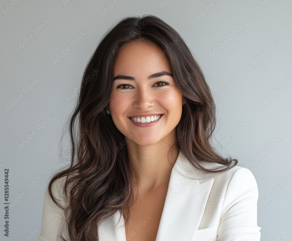 Professional smiling woman in business attire studio setting portrait photography bright environment close-up view confidence concept Professional smiling woman in business attire studio setting portrait photography bright environment close-up view confidence concept