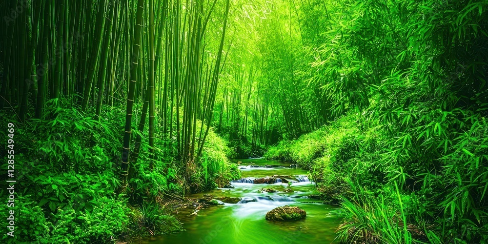 Fototapeta premium Stream of water flows through a lush green forest
