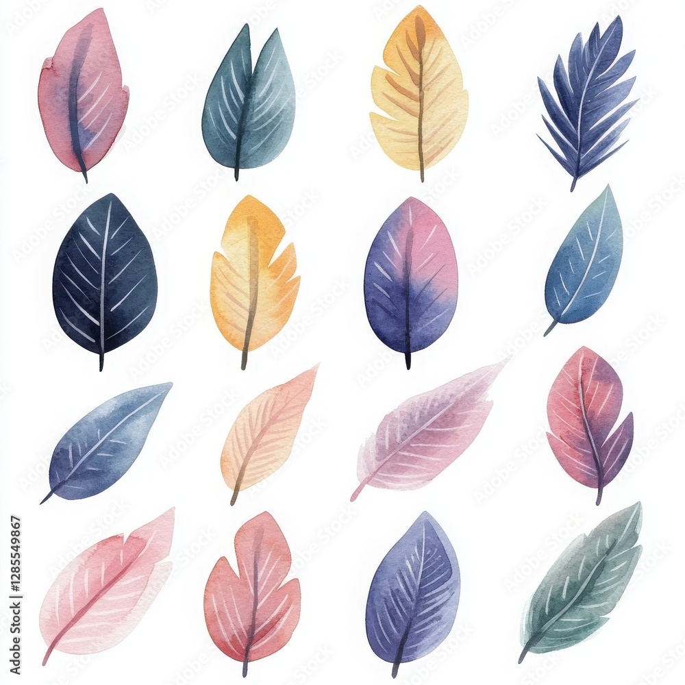Obraz premium Pastel Watercolor Leaf Collection Soft Hues on White Background