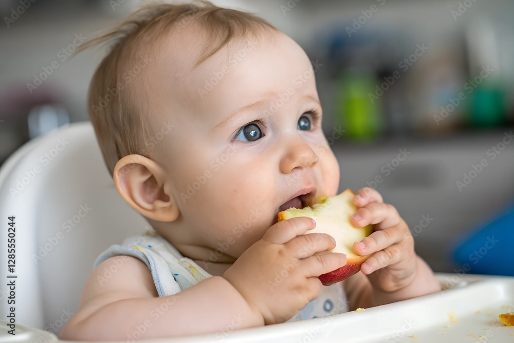 Minimalistic photo of a baby eating a piece of apple, sitting in a high chair, eyes focused on the fruit, extremely close-up with a blurred background. Minimalistic photo of a baby eating a piece of apple, sitting in a high chair, eyes focused on the fruit, extremely close-up with a blurred background.