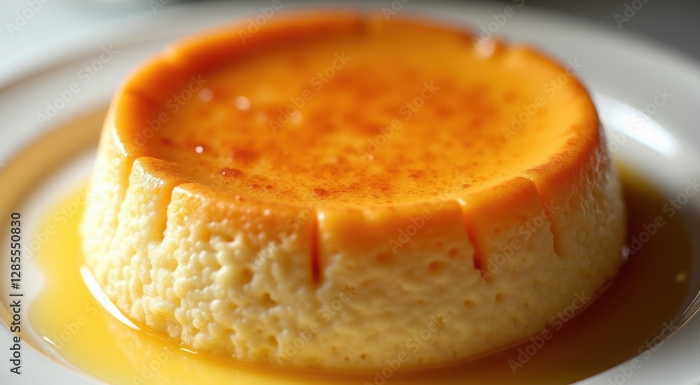 Flan on a plate with syrup on it Flan on a plate with syrup on it