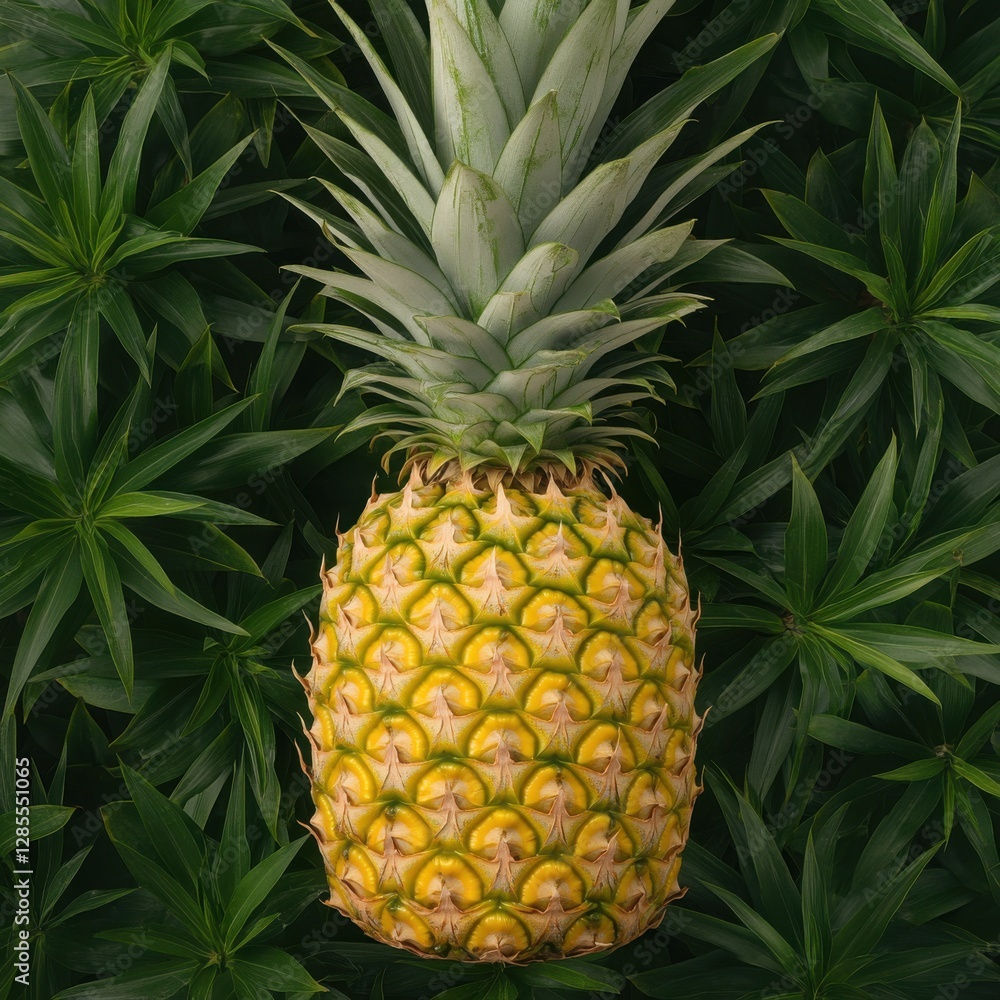 Ripe Yellow Pineapple on Lush Green Foliage Background Ripe Yellow Pineapple on Lush Green Foliage Background