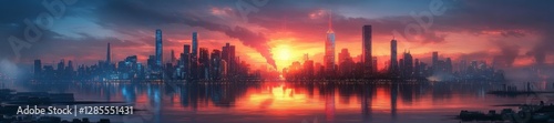 Dramatic Sunset Over a City Skyline with Reflections in Water and Dramatic Cloudscape. Generative AI photo