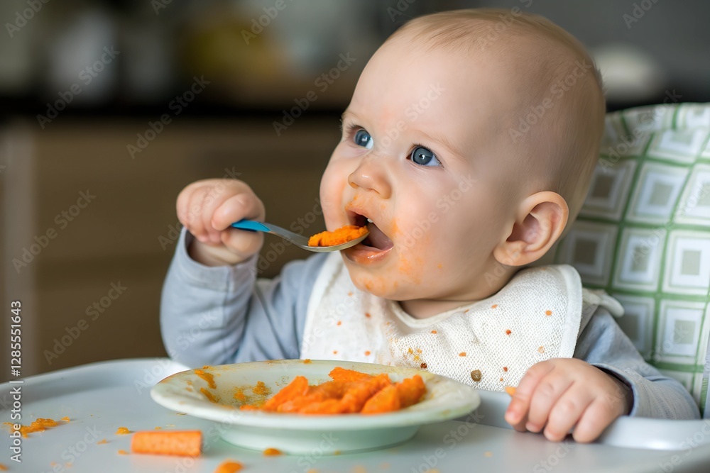Minimalistic photo of a baby eating mashed carrots, sitting at a small table, with a spoon in hand, extremely close-up of the baby’s face showing food on their lips, background blurred. Minimalistic photo of a baby eating mashed carrots, sitting at a small table, with a spoon in hand, extremely close-up of the baby’s face showing food on their lips, background blurred.