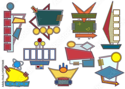 Mid Century Modern Signboards, Googie Style Emblems, Labels, Badges, Sings. 1950s Atomic Age Shapes and Colors Advertising Signboard Set 