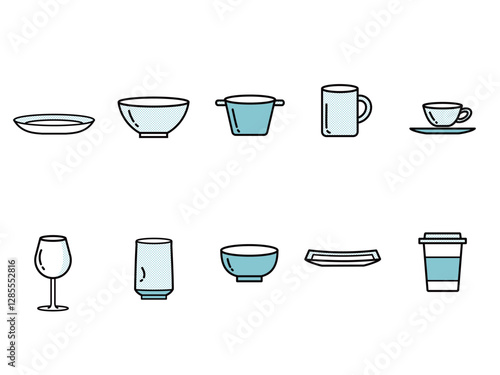 シンプルな食器セットの線画カラーイラスト（単色、ドット）