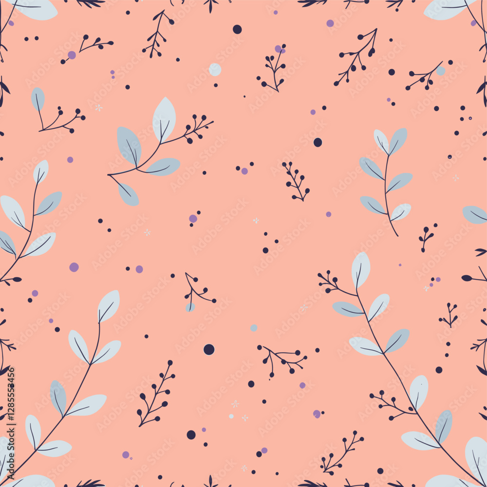 light blue leaves and branches with small purple dots scattered throughout the design. light blue leaves and branches with small purple dots scattered throughout the design.