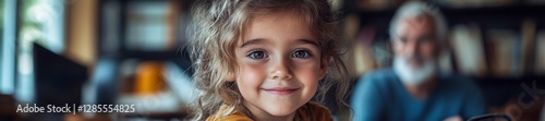 Adorable Little Girl Smiling and Looking at Camera with Family in the Background. Generative AI photo