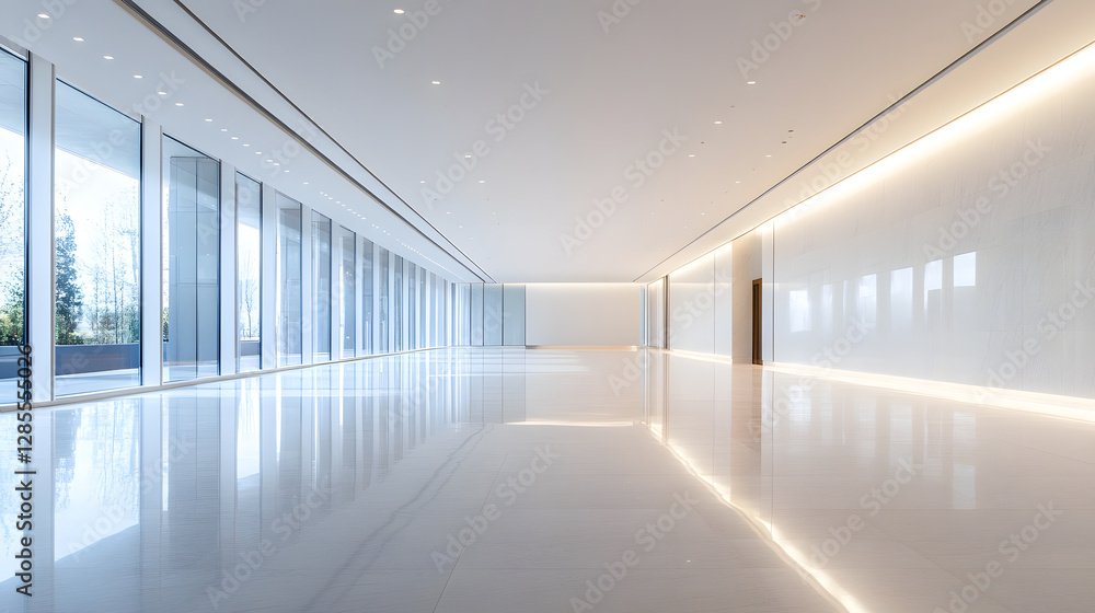Modern Minimalist Interior with Large Glass Windows and Polished Marble Floors : Generative AI Modern Minimalist Interior with Large Glass Windows and Polished Marble Floors : Generative AI
