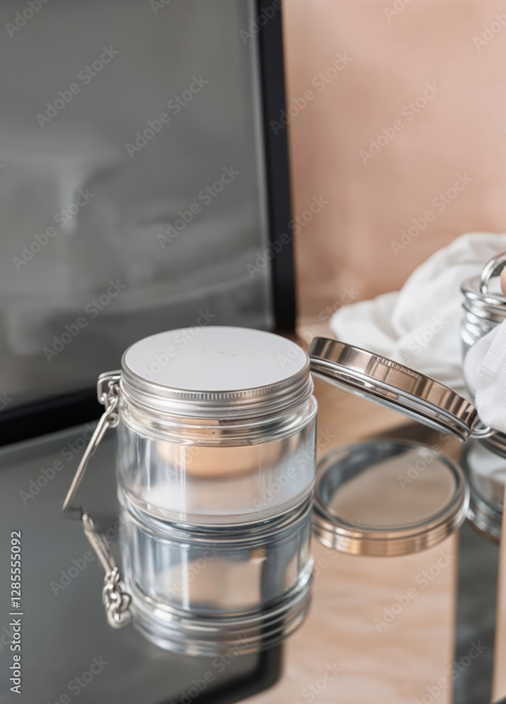 Glass jar with cosmetic cream on table in beauty salon, closeup. Luxury Skincare Cream Jar Glass jar with cosmetic cream on table in beauty salon, closeup. Luxury Skincare Cream Jar
