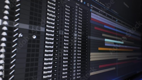 Video Editing Timeline in Motion Graphics Software, Close-up view of a video editing timeline with layers and keyframes in motion graphics software.