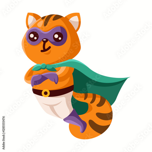 Illustration of a charming cartoon raccoon wearing a superhero costume, complete with a green cape and mask, showcasing adorable features and playful spirit.