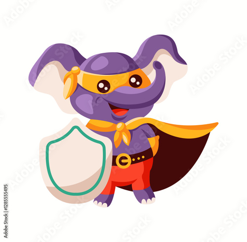 Illustration of an adorable cartoon elephant dressed as a superhero, complete with a cape and shield. The character is whimsical and colorful with big expressive eyes.