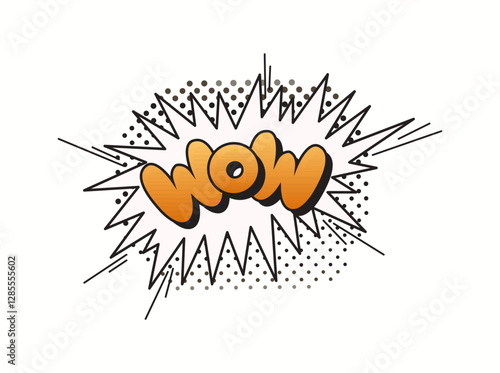 Vibrant comic style art with the word wow in bold orange letters. Surrounding elements include a classic burst pattern with black outlines and dots for added effect.