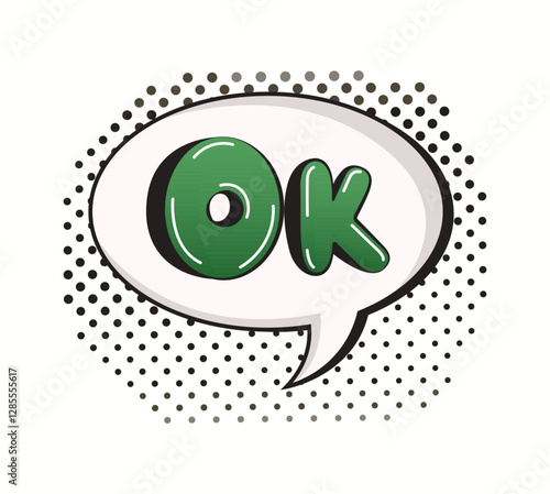 Green OK text inside a speech bubble with retro comic style dotted pattern background. Pop art inspired with bold lettering, adding playful visual element.