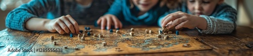 Children playing a board game together placing pieces on an old map with vintage wooden figures. Generative AI