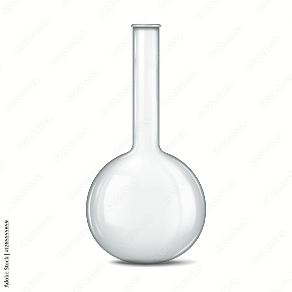 Detailed illustration of a transparent round bottom flask often used in scientific laboratories for holding and mixing chemical solutions featuring a reflective glass surface. Detailed illustration of a transparent round bottom flask often used in scientific laboratories for holding and mixing chemical solutions featuring a reflective glass surface.