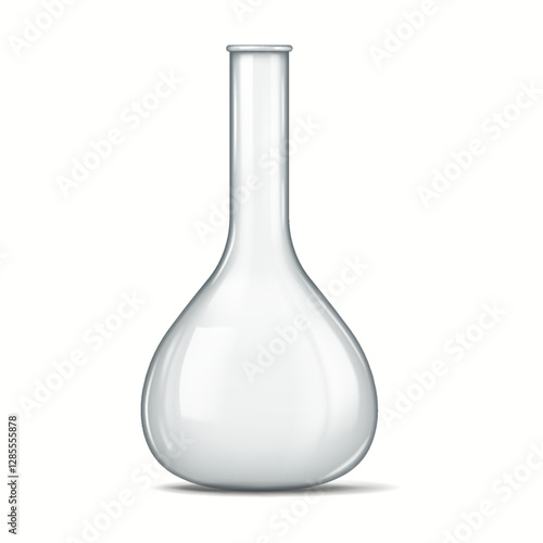 Highly detailed illustration of a transparent laboratory glass flask with a rounded base and narrow neck. Perfect for scientific and educational designs.