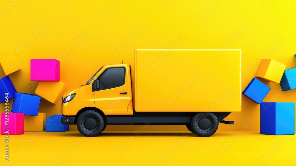 Delivery truck amidst colorful geometric shapes on vibrant yellow background Delivery truck amidst colorful geometric shapes on vibrant yellow background