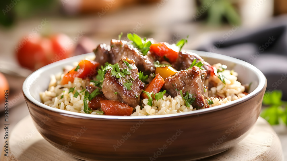 Rustic Bowl of Flavorful Mediterranean Beef Stew with Grains and Herbs : Generative AI Rustic Bowl of Flavorful Mediterranean Beef Stew with Grains and Herbs : Generative AI
