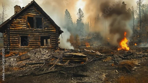 Inferno and Loss: A rustic log cabin stands forlorn amidst the devastation of a raging forest fire, consumed by smoke and flames.